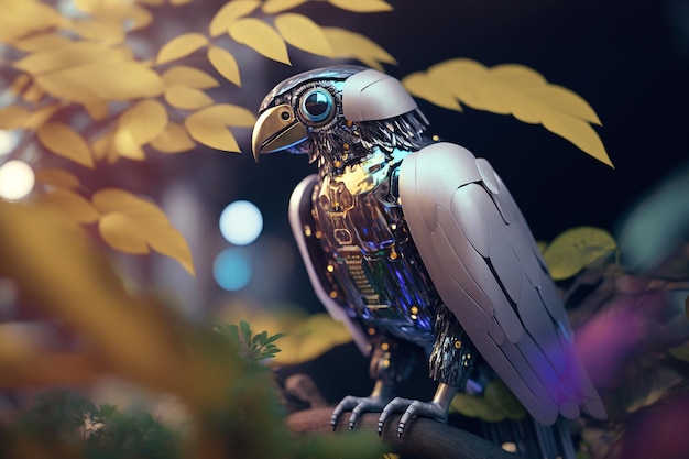 Crow robotic cyber bird on tree illustration Generative AI