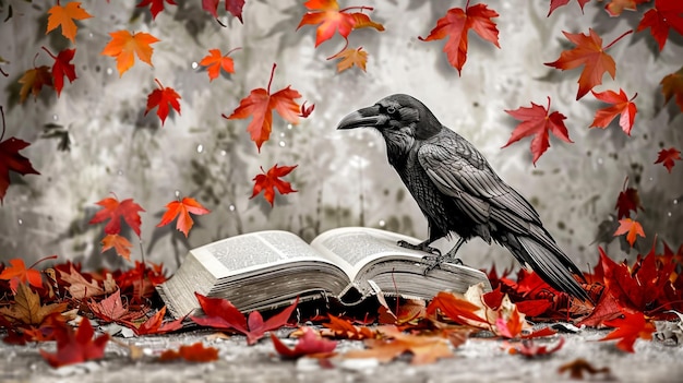 a crow sits on a book that reads  raven