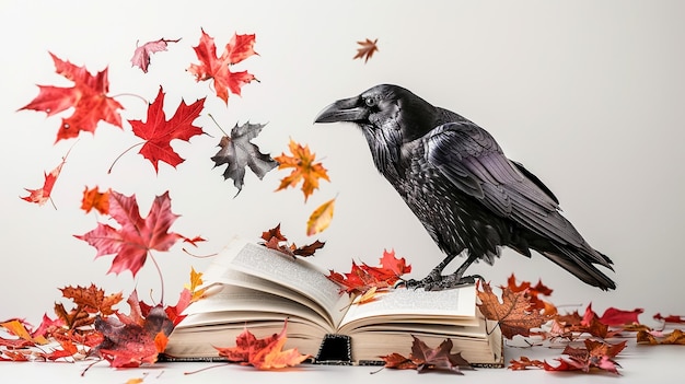 a crow sits on a book with autumn leaves on the table