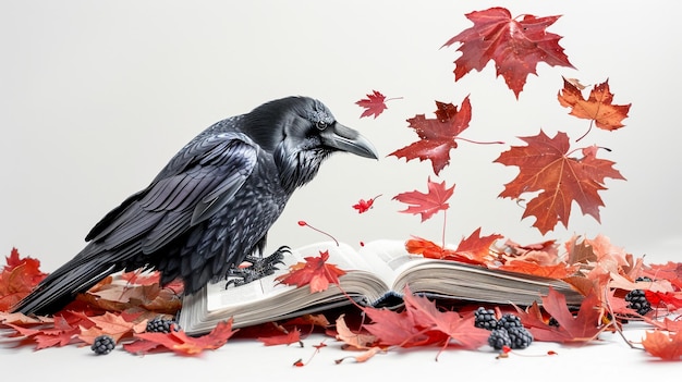 a crow sits on a book with the book open and the word raven on it