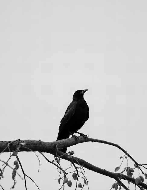 a crow sits on a branch with a sky background