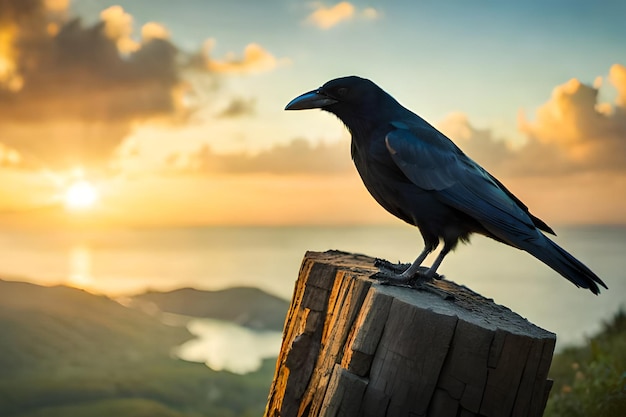 A crow sits on a post in front of a sunset.