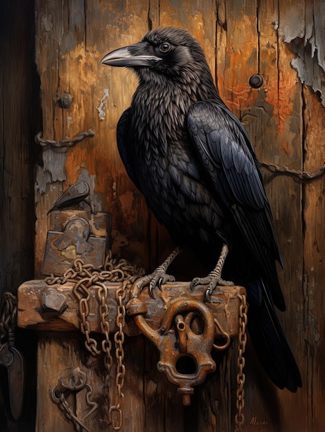 a crow sits on a wooden fence with chains around it.