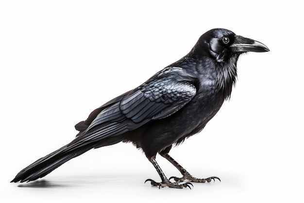 A crow with a large beak and a large black beak is standing on a white background.