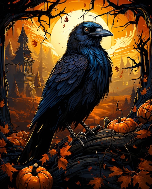 Crow with pumpkin Halloween night party background