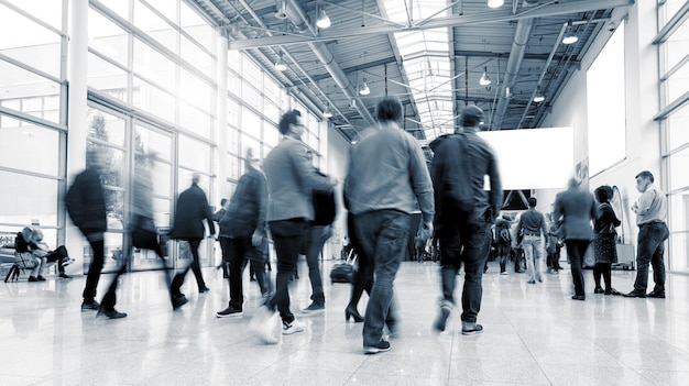 crowd of business people rushing in trade fair hall. ideal for websites and magazines layouts