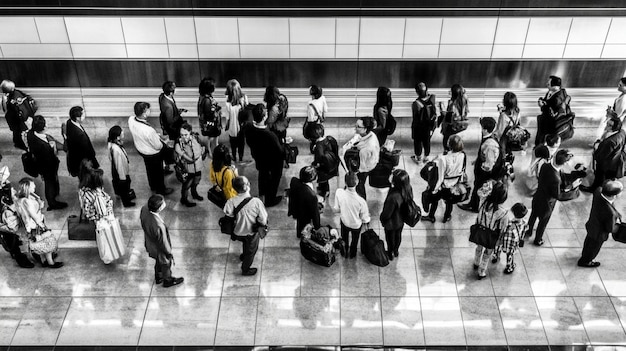 Crowd of business people waiting in line with one person standing out