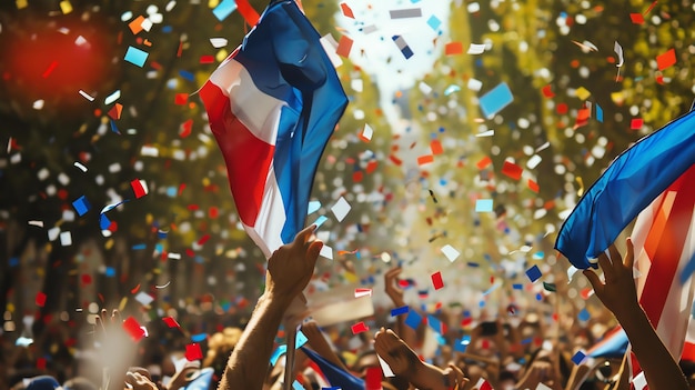 A crowd celebrates with French flags and confetti