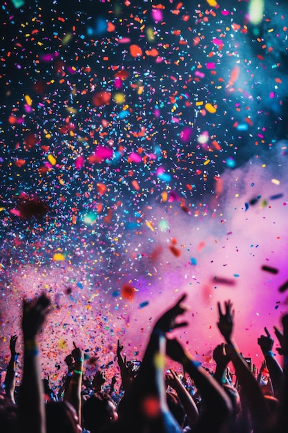 Photo crowd celebrating at a lively concert with vibrant confetti falling against a colorful backdrop at night