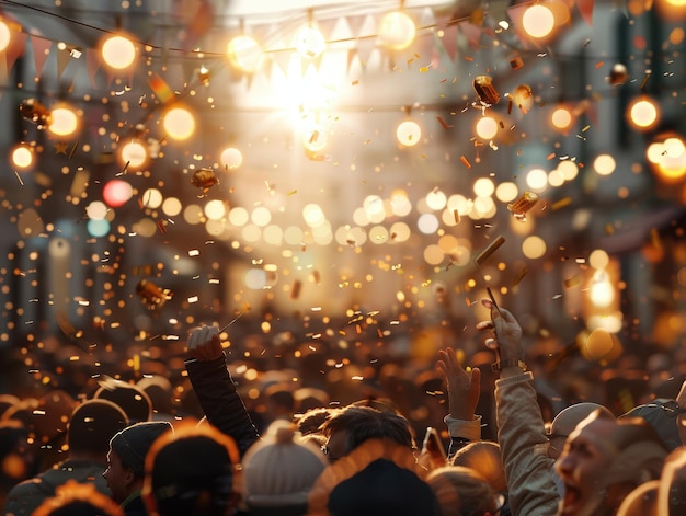 Photo crowd celebrating with confetti and lights new years festival ai generative