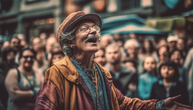 Crowd of cheerful people in traditional clothing dancing generative AI