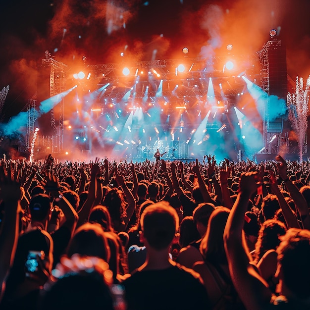 Crowd Cheering in Front of Rock Stage