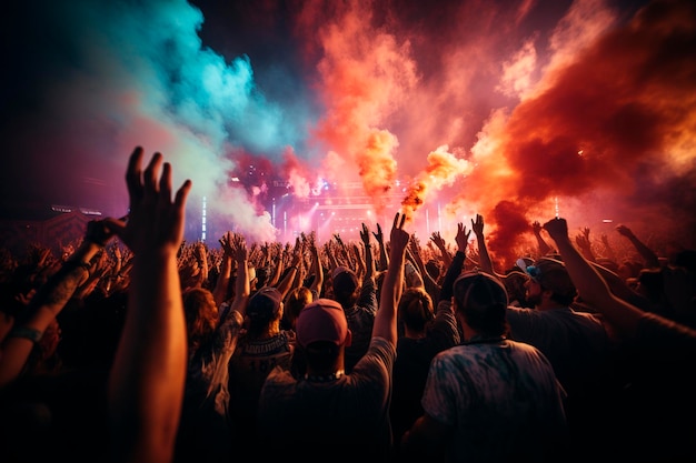 Crowd cheering at a music concert Happy people at a music festivalgenerative ai