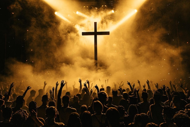 Photo crowd cheering and raising their hands to a glowing cross on stage during a christian concert