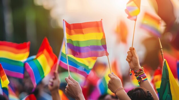 A crowd cheers at a Pride parade a sea of colorful flags waving in the air with subtle glimpses of rainbow pins and accessories