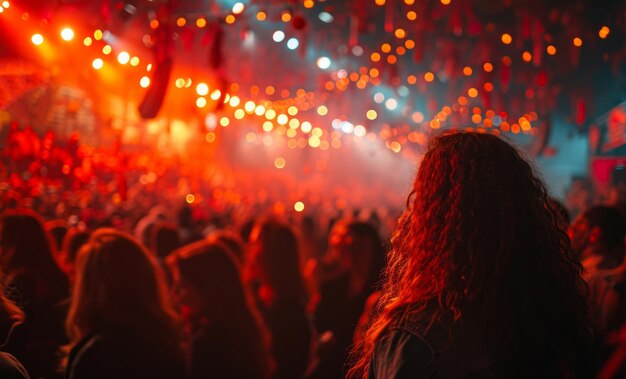 Photo crowd at concert in front of bright stage lights blurred background