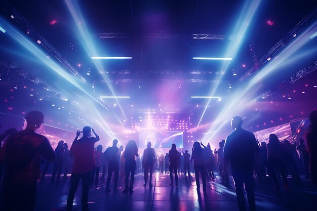 crowd at a concert in front of a bright stage with lights