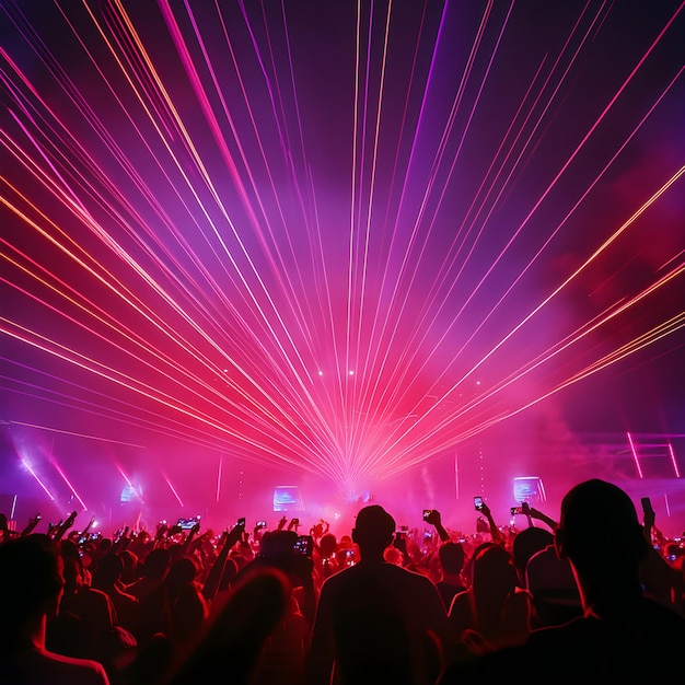 Crowd at a concert in the night club with bright rays of light