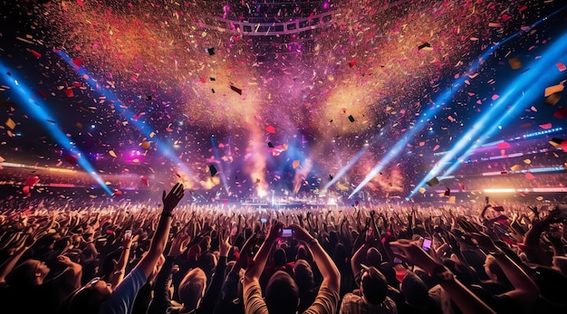 A crowd at a concert with colorful lights and confetti