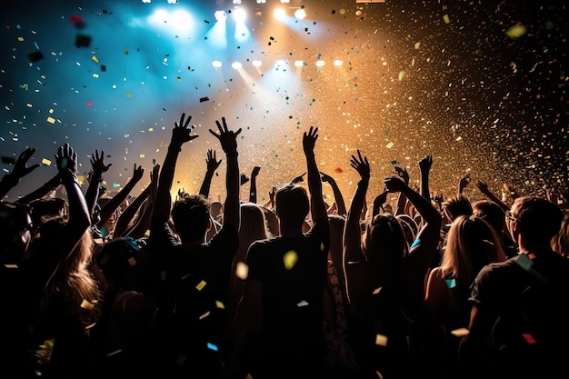 A crowd at a concert with confetti in the air