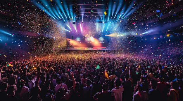 A crowd at a concert with confetti falling on the ceiling.