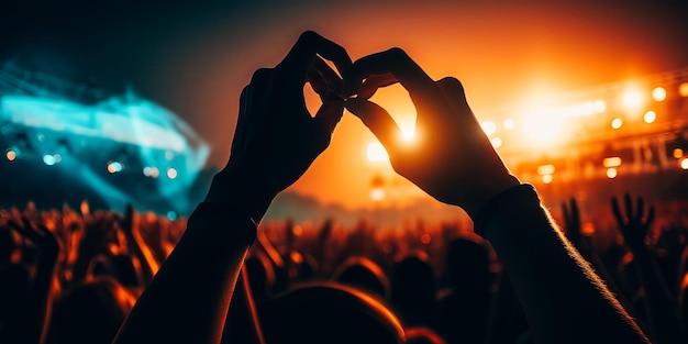 A crowd at a concert with hands forming a heart symbol