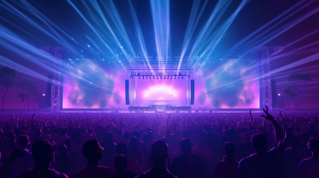 A crowd at a concert with purple and pink lights