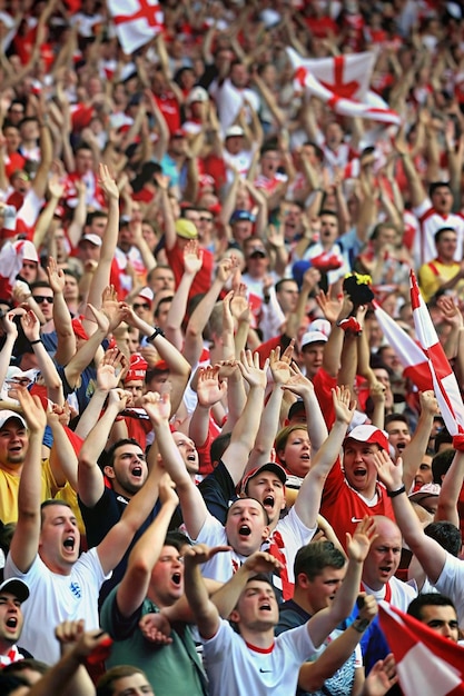 a crowd of fans are cheering in a stadium including one of them wearing a red white and black shirt