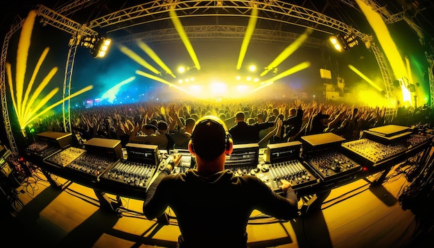 Crowd in front of the stage during a live concert Silhouette of a man with raised hands Generative AI