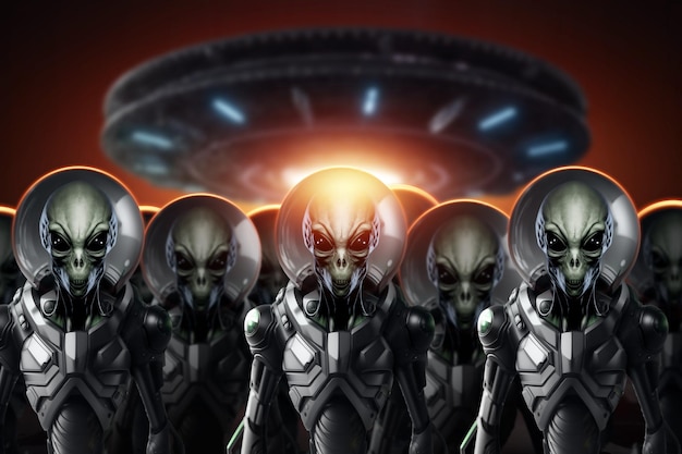 A crowd of green aliens in spacesuits standing in front of a flying saucer UFO first contact search for extraterrestrial life conspiracy theories 3D illustration 3D rendering