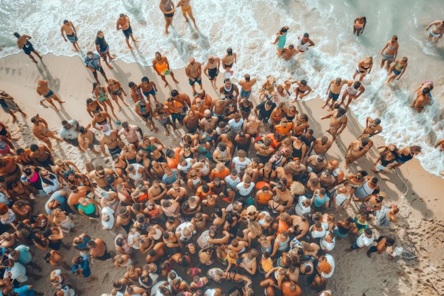 crowd of happy people at the seaside at the party