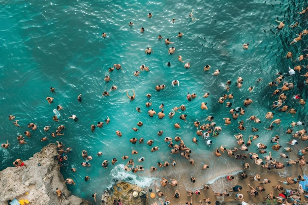 crowd of happy people at the seaside at the party