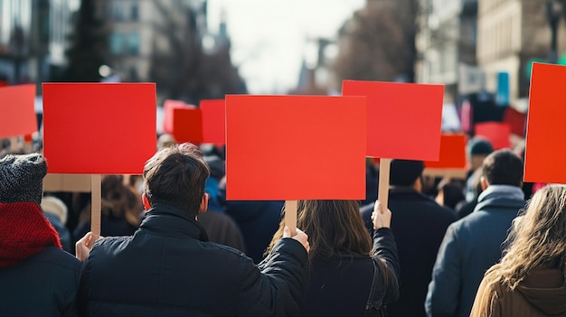 Photo crowd holding red signs during a protest diverse crowd holding red signs during a protest demonstrating public demonstrations and activism