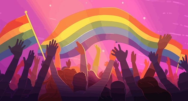 A crowd holds up a rainbow flag in front of a purple background.