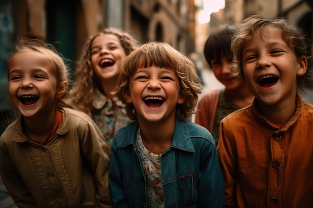 Crowd of laughing children on a summer day is heartwarming and represents the pure joy and carefree spirit of childhood Generative AI