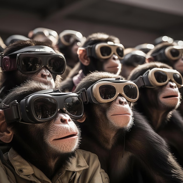 A crowd of monkeys wearing virtual reality glasses