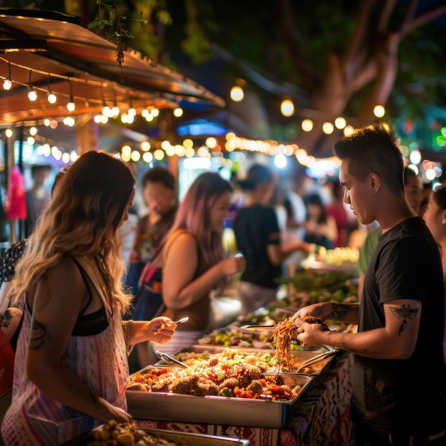 Crowd at night market enjoying diverse street food under festive lights