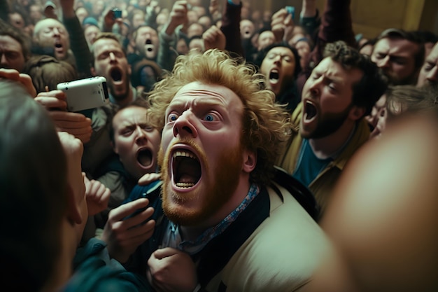 Crowd of panicking people People scream in fear Neural network AI generated