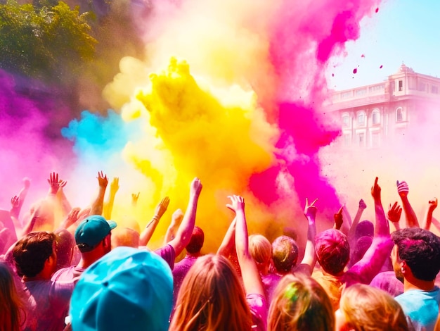 Photo a crowd of people are celebrating with colorful dye