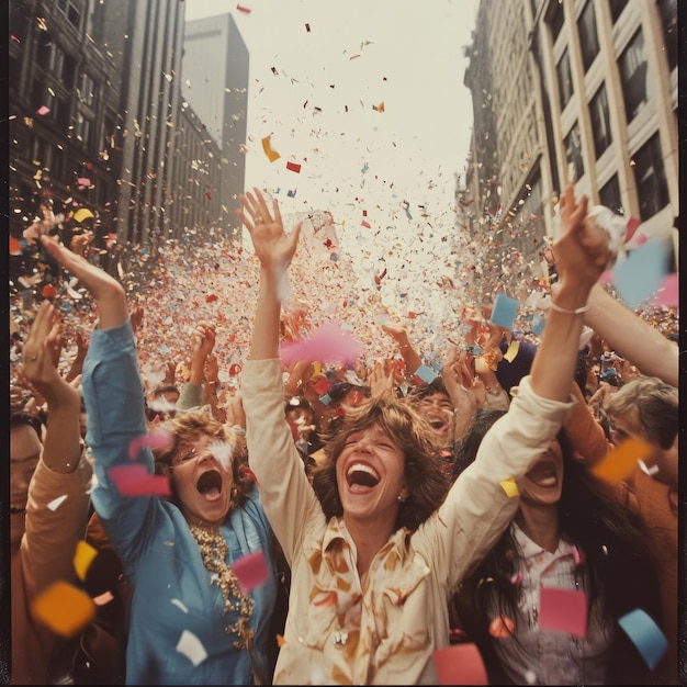 a crowd of people are celebrating with confetti and confetti