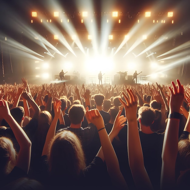 a crowd of people are cheering in a concert with their hands up