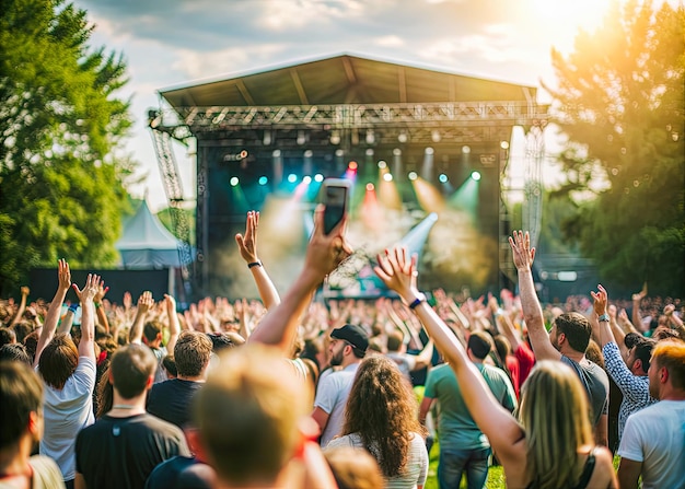 Photo a crowd of people are cheering in front of a stage with the band on it