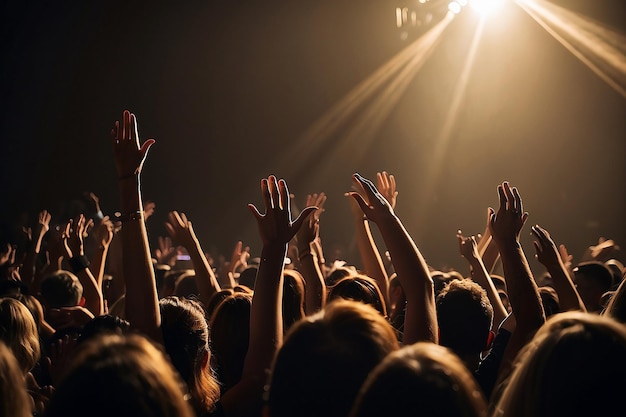 a crowd of people are cheering in front of a stage with the light on