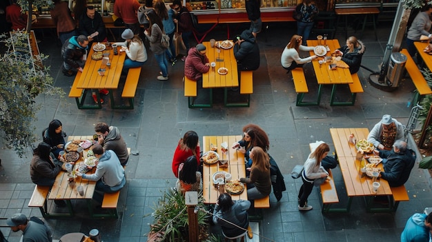 a crowd of people are eating at a restaurant