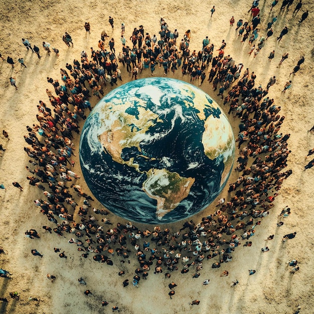 Photo a crowd of people are gathered around a globe with a world around it