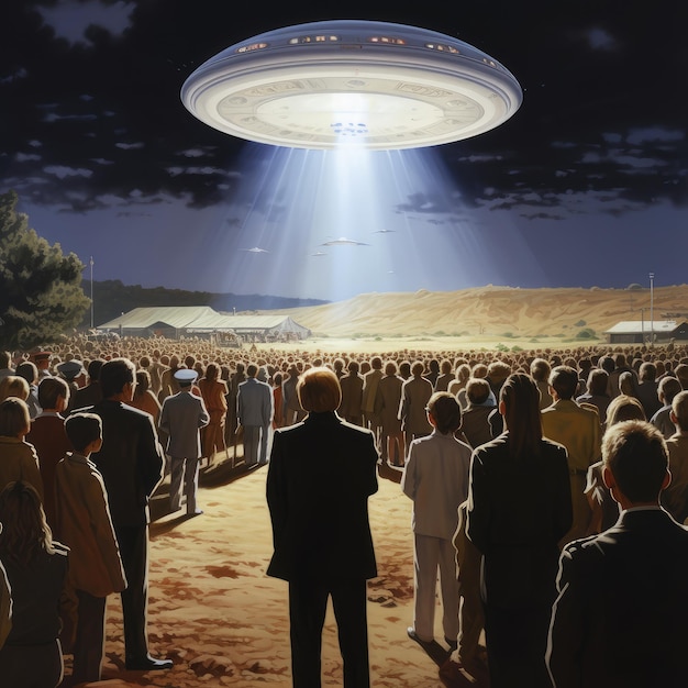 Photo a crowd of people are gathered around an ufo