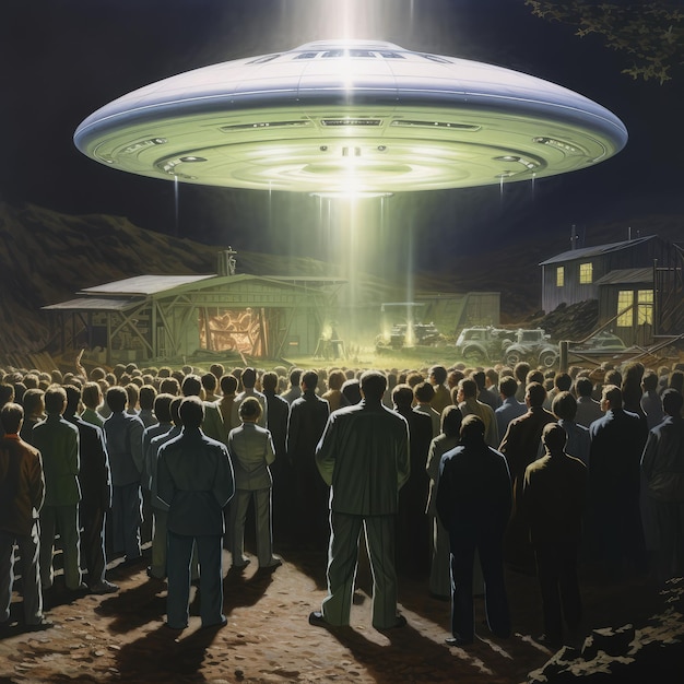 Photo a crowd of people are gathered around an ufo