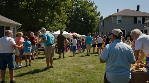 a crowd of people are gathered in a field with a tent in the background