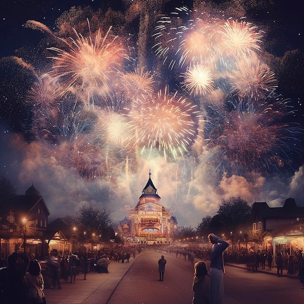 A crowd of people are gathered in front of a building with fireworks in the sky.