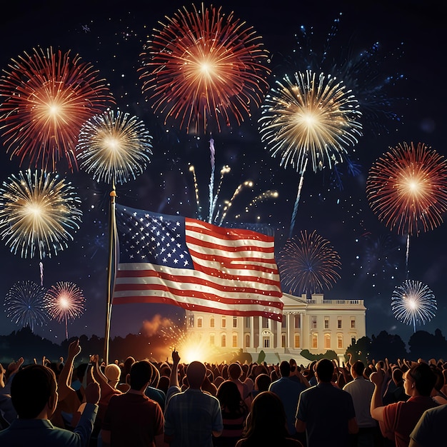 a crowd of people are gathered in front of a white house with fireworks